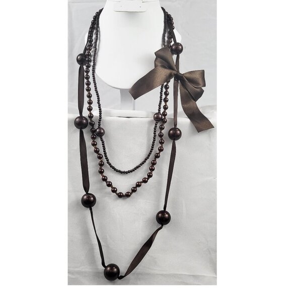 Jewelry - Three Layer Beaded Necklace with Bow Brown NWT